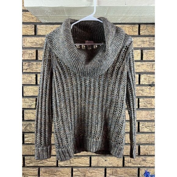 Chico's Mia Metallic Taupe Cowl Neck Pullover Sweater Open Knit Long Slvs size O - Picture 1 of 6